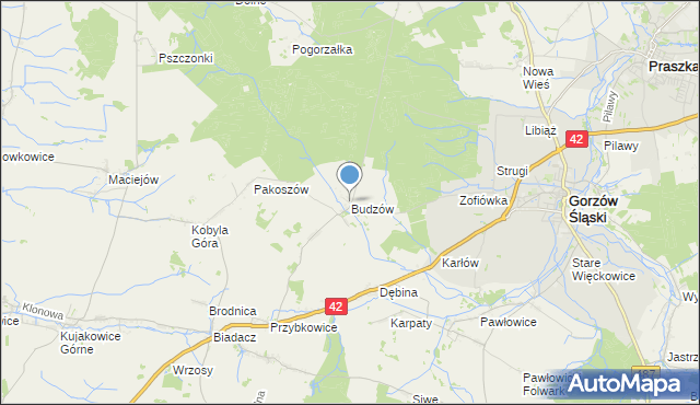 mapa Budzów, Budzów gmina Gorzów Śląski na mapie Targeo